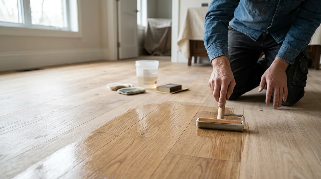Two to three coats of polyurethane, waterborne finish, or a penetrating hardwax oil, with a light — Topeka, KS
