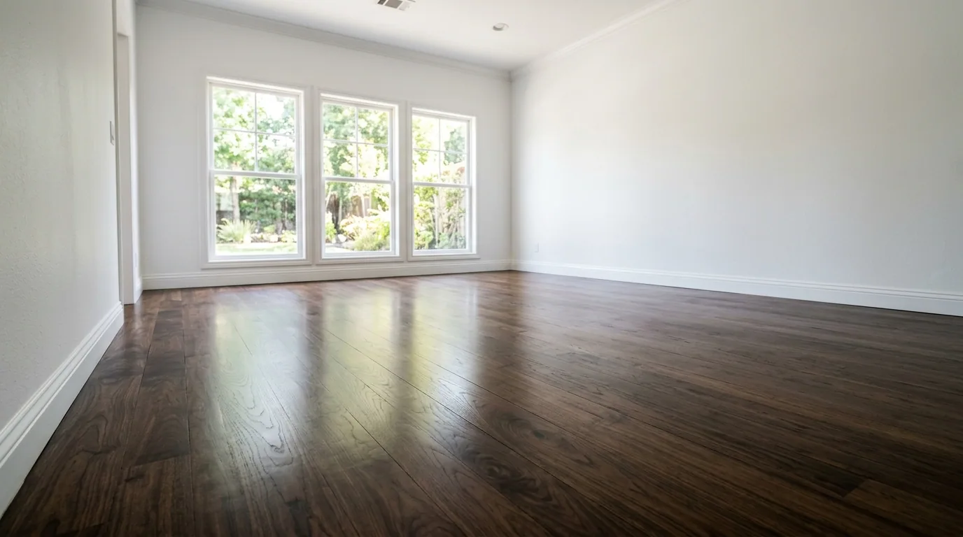 The finished result of professional hardwood refinishing: the completed work looking clean, correct — Topeka, KS
