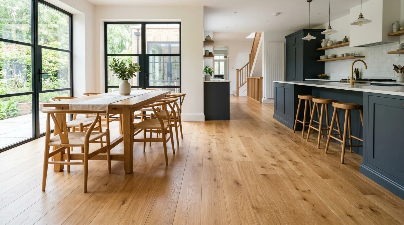 The finished result of professional hardwood refinishing: the completed work looking clean, correct — Topeka, KS