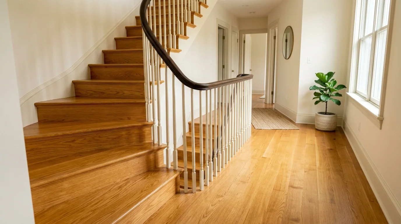 The finished result of professional hardwood refinishing: the completed work looking clean, correct — Topeka, KS