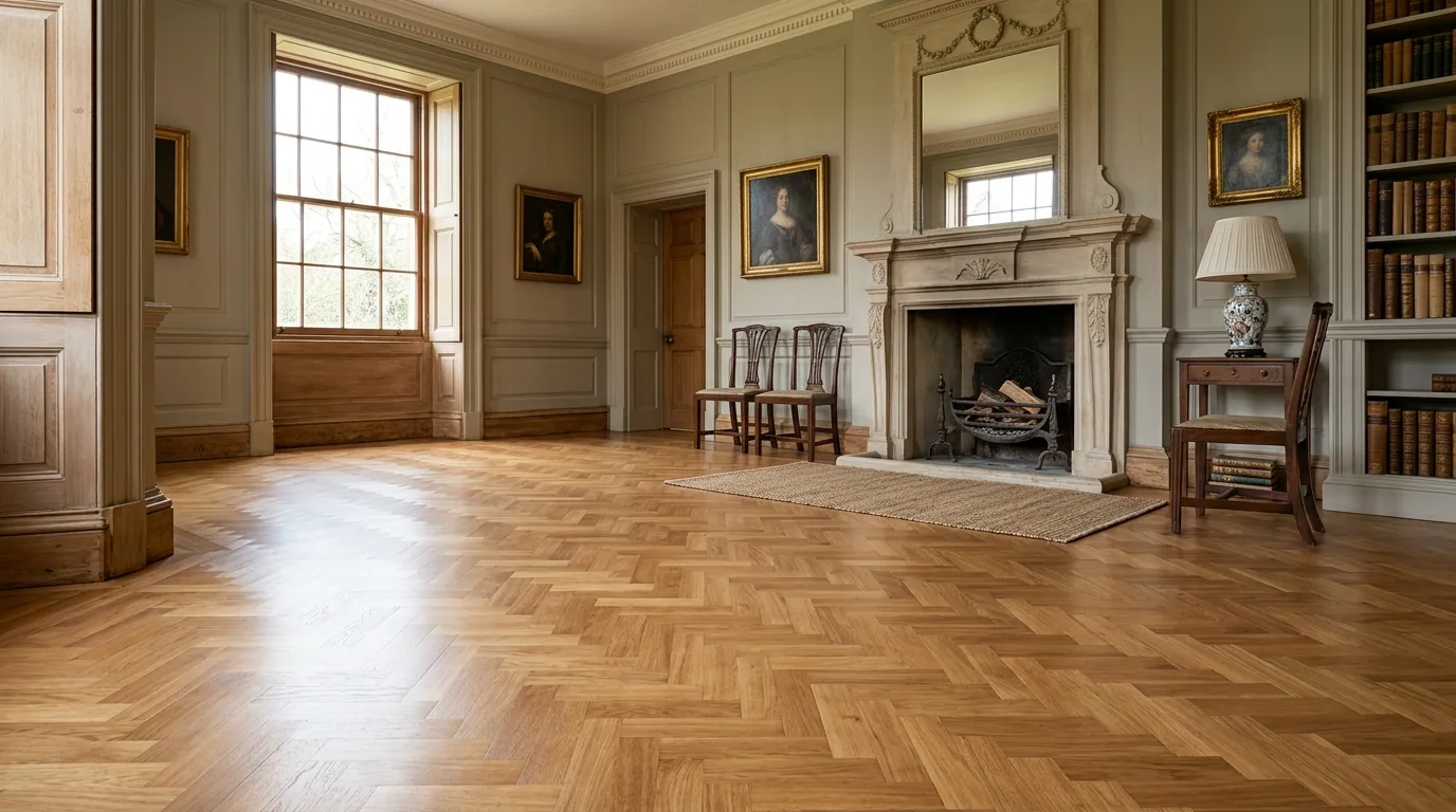 The finished result of professional hardwood refinishing: the completed work looking clean, correct — Topeka, KS