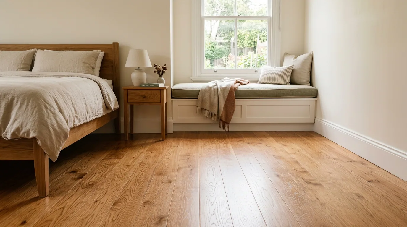The finished result of professional hardwood refinishing: the completed work looking clean, correct — Topeka, KS