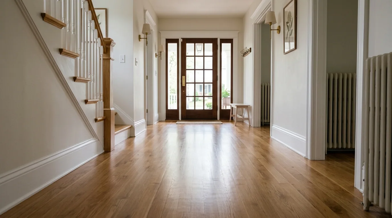 The finished result of professional hardwood refinishing: the completed work looking clean, correct — Topeka, KS