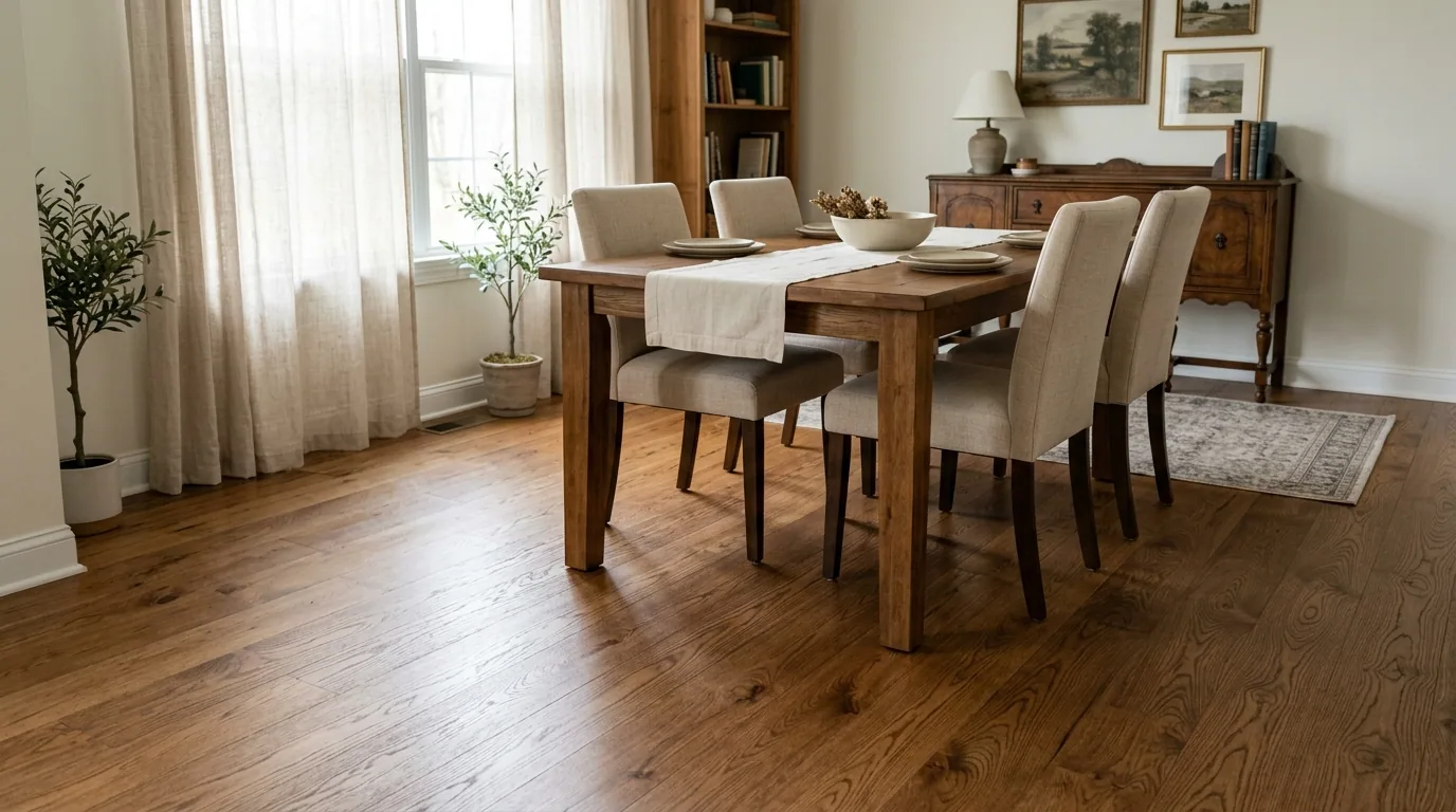 The finished result of professional hardwood refinishing: the completed work looking clean, correct — Topeka, KS