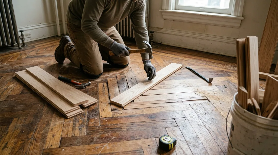 Split, cupped, or rotted boards are replaced and nails set below the surface — Topeka, KS