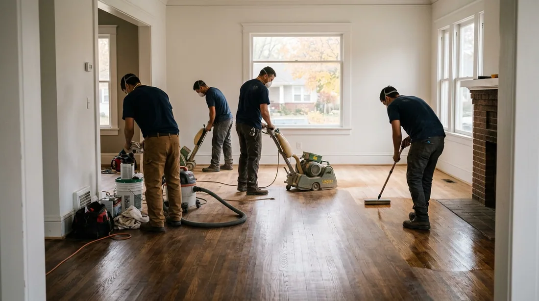 A small professional crew working on a hardwood refinishing job at a property, seen from behind and — Topeka, KS